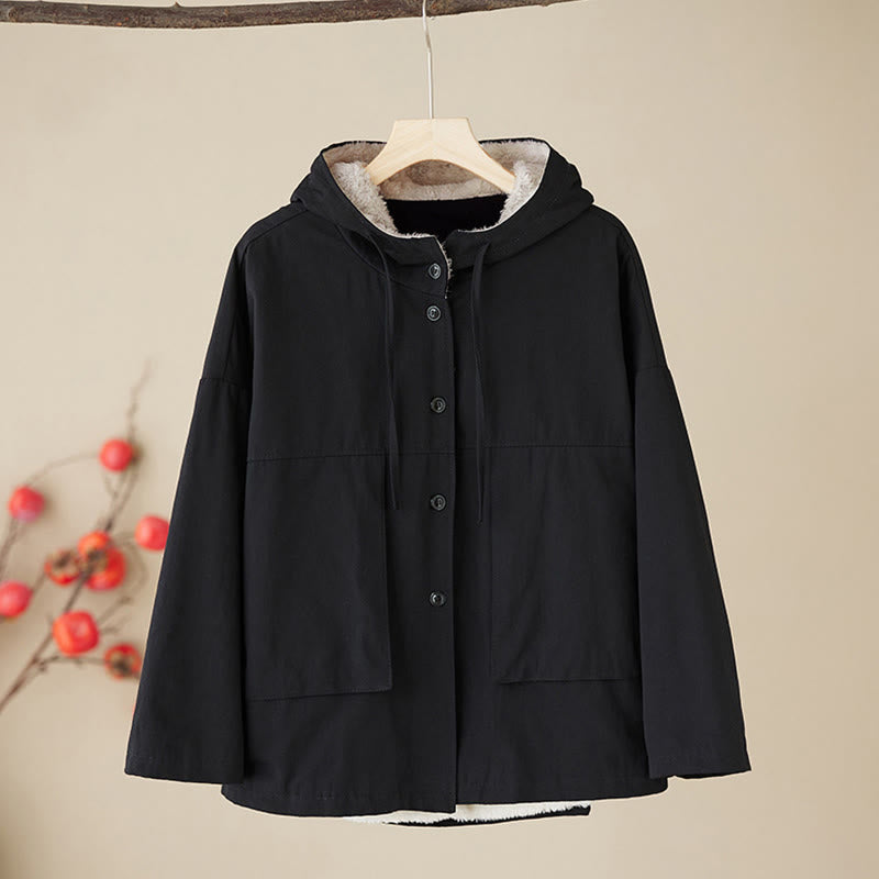 Buddha Stones Women's Plain Long Sleeve Hoodie Cotton Thermal Fleece-Lined Jacket With Pockets