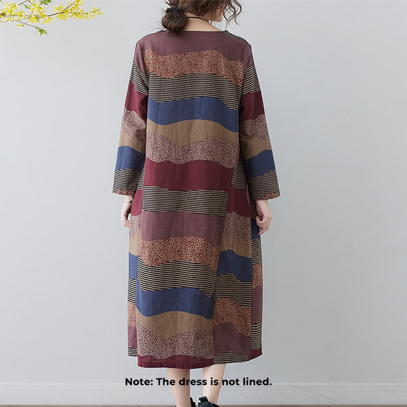 Buddha Stones Ethnic Printing Striped Pattern Long Sleeve Cotton Linen Midi Dress With Pockets