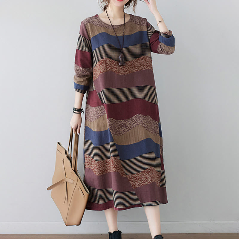 Buddha Stones Ethnic Printing Striped Pattern Long Sleeve Cotton Linen Midi Dress With Pockets