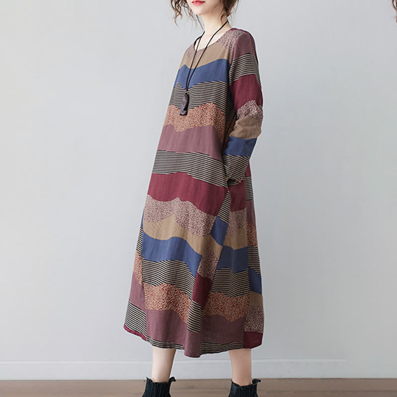 Buddha Stones Ethnic Printing Striped Pattern Long Sleeve Cotton Linen Midi Dress With Pockets