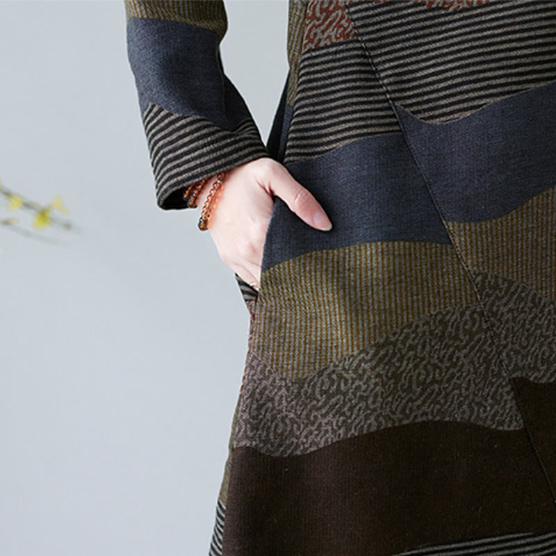 Buddha Stones Ethnic Printing Striped Pattern Long Sleeve Cotton Linen Midi Dress With Pockets