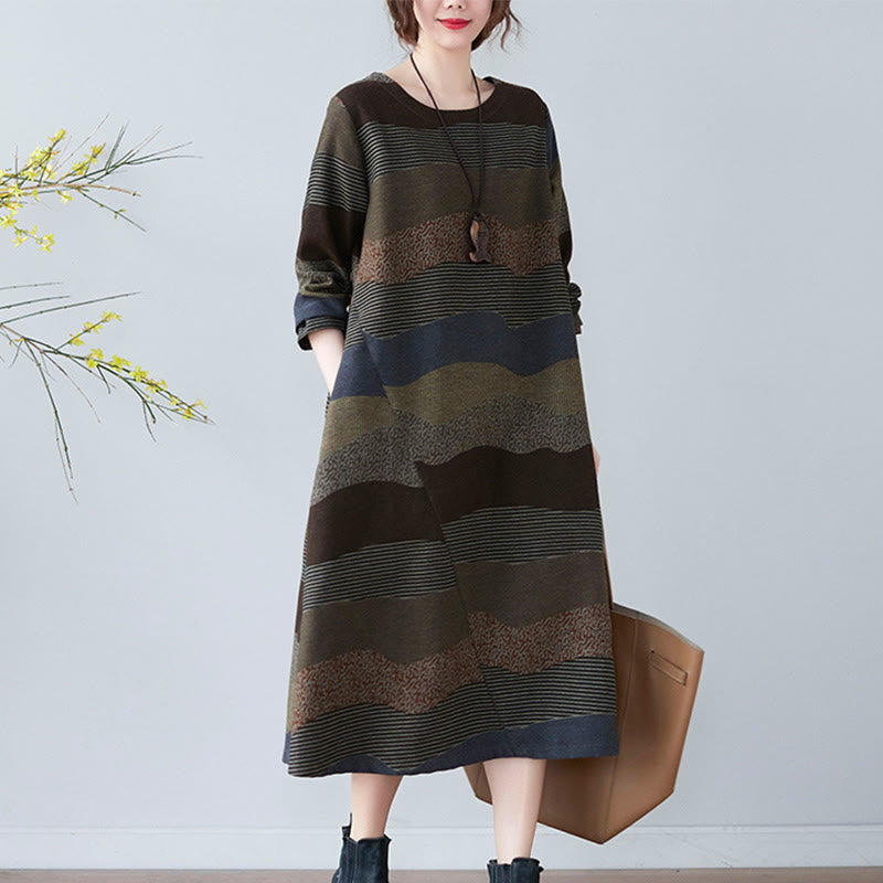 Buddha Stones Ethnic Printing Striped Pattern Long Sleeve Cotton Linen Midi Dress With Pockets