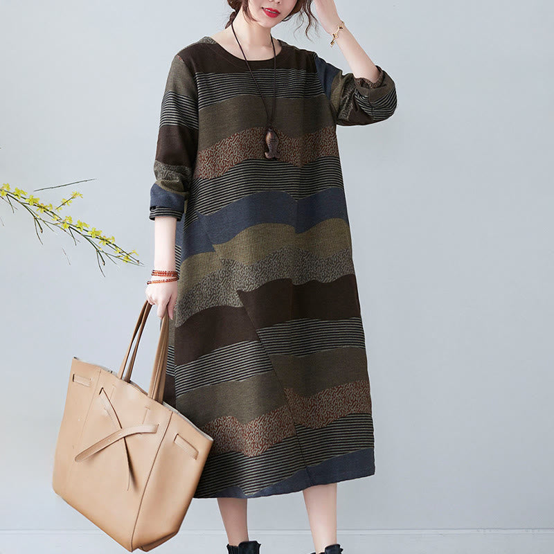 Buddha Stones Ethnic Printing Striped Pattern Long Sleeve Cotton Linen Midi Dress With Pockets