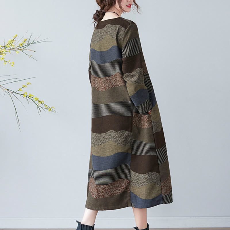 Buddha Stones Ethnic Printing Striped Pattern Long Sleeve Cotton Linen Midi Dress With Pockets