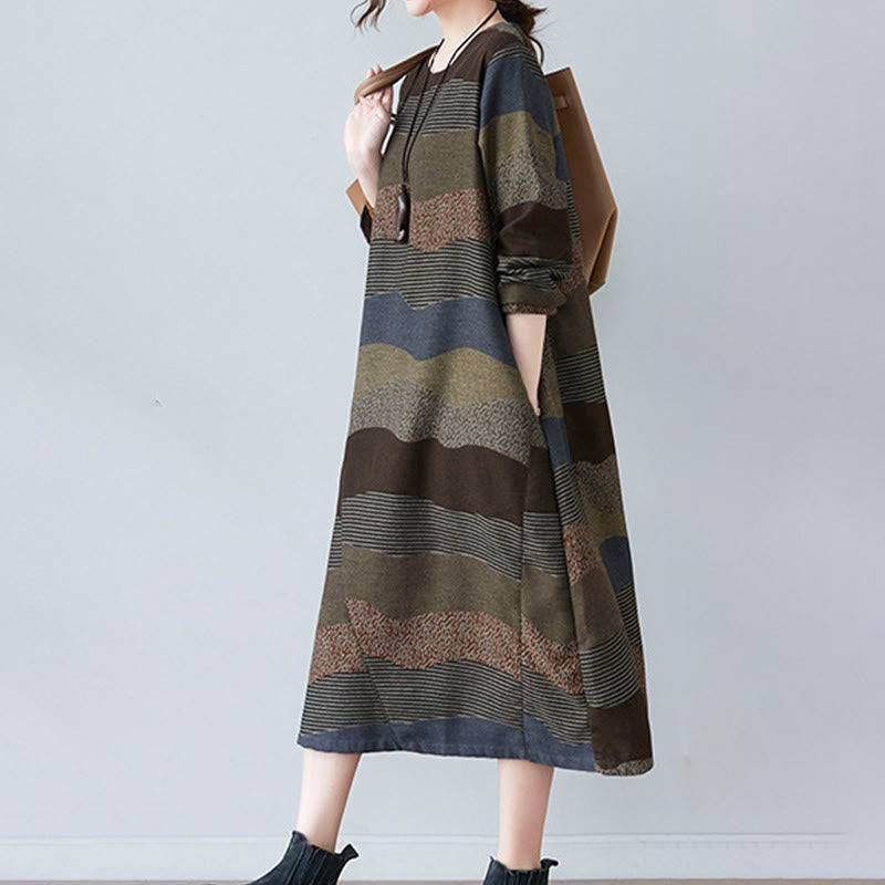 Buddha Stones Ethnic Printing Striped Pattern Long Sleeve Cotton Linen Midi Dress With Pockets