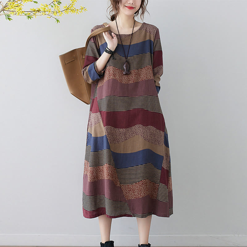 Buddha Stones Ethnic Printing Striped Pattern Long Sleeve Cotton Linen Midi Dress With Pockets