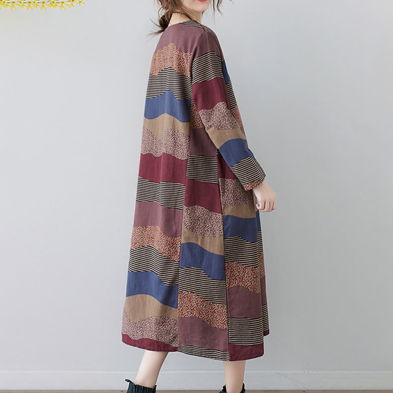 Buddha Stones Ethnic Printing Striped Pattern Long Sleeve Cotton Linen Midi Dress With Pockets
