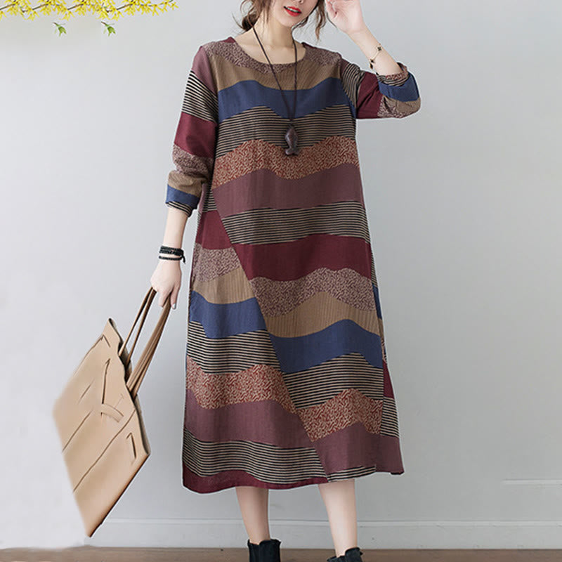 Buddha Stones Ethnic Printing Striped Pattern Long Sleeve Cotton Linen Midi Dress With Pockets