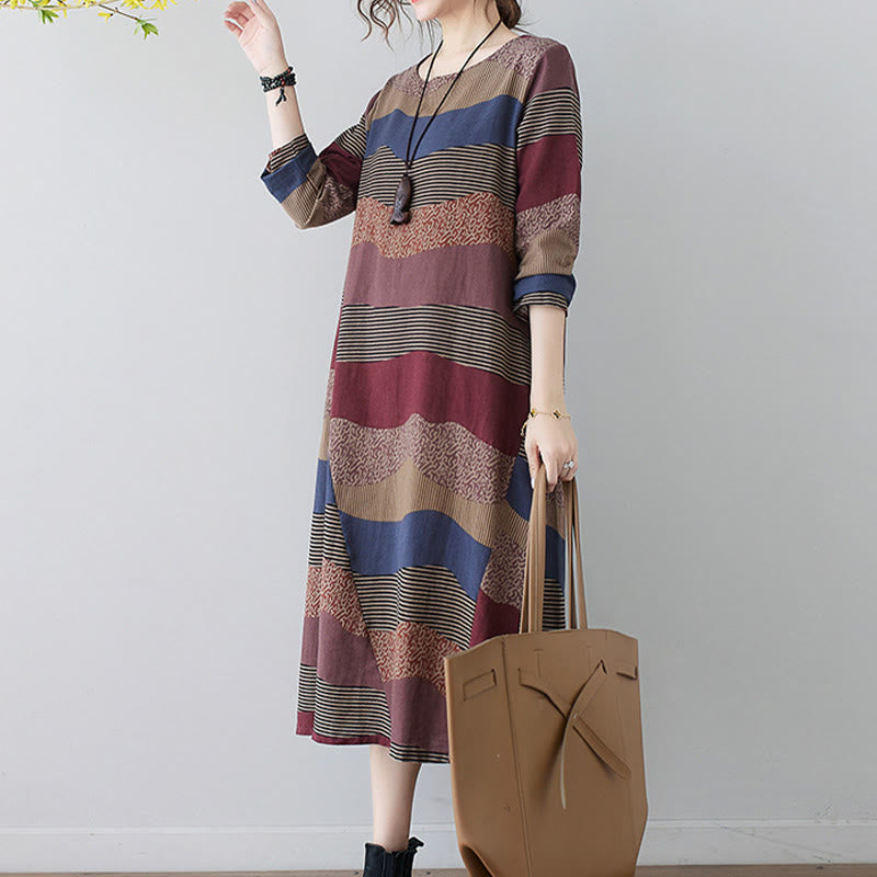 Buddha Stones Ethnic Printing Striped Pattern Long Sleeve Cotton Linen Midi Dress With Pockets