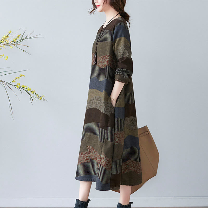 Buddha Stones Ethnic Printing Striped Pattern Long Sleeve Cotton Linen Midi Dress With Pockets