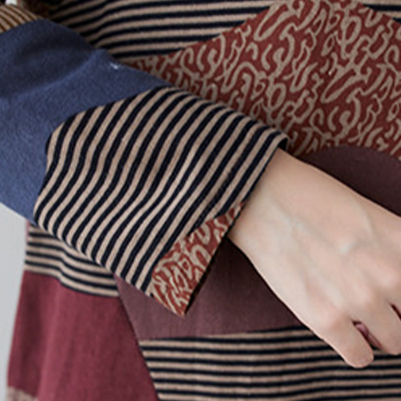 Buddha Stones Ethnic Printing Striped Pattern Long Sleeve Cotton Linen Midi Dress With Pockets