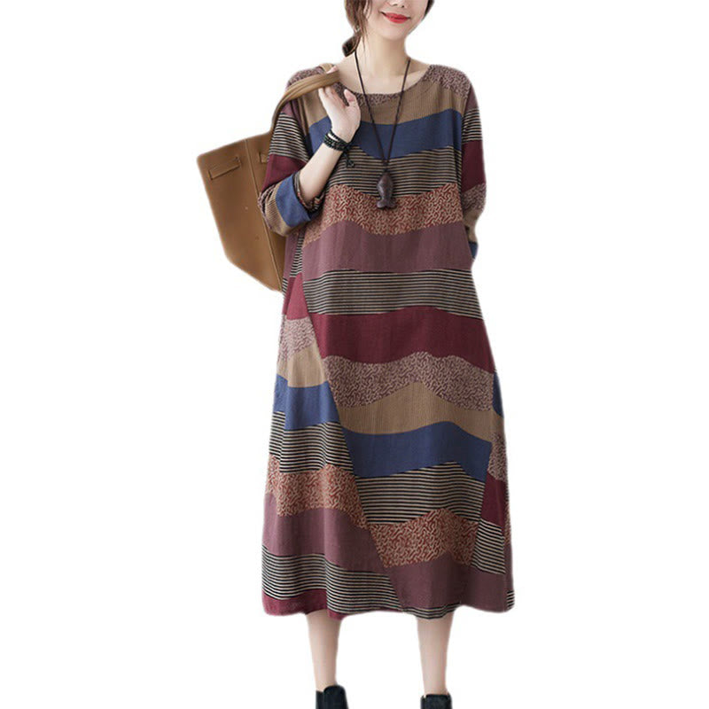 Buddha Stones Ethnic Printing Striped Pattern Long Sleeve Cotton Linen Midi Dress With Pockets