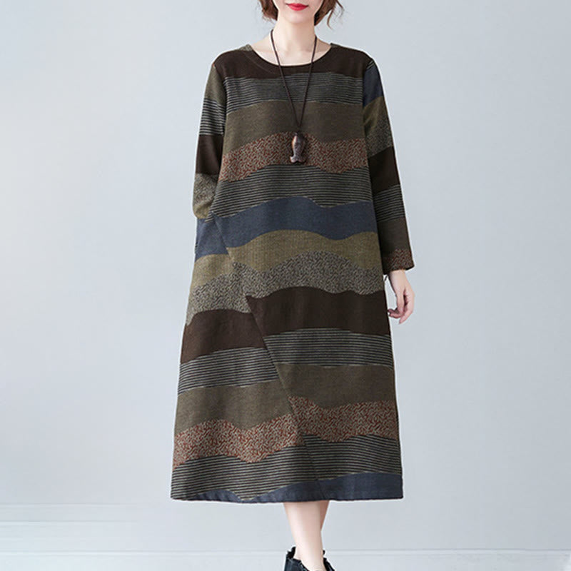 Buddha Stones Ethnic Printing Striped Pattern Long Sleeve Cotton Linen Midi Dress With Pockets