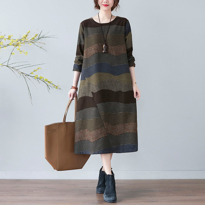 Buddha Stones Ethnic Printing Striped Pattern Long Sleeve Cotton Linen Midi Dress With Pockets