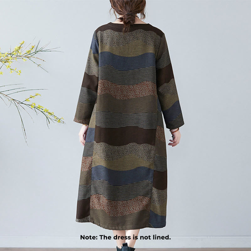 Buddha Stones Ethnic Printing Striped Pattern Long Sleeve Cotton Linen Midi Dress With Pockets