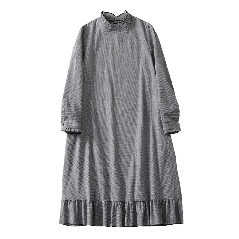 Buddha Stones Plaid Pattern Pleated Ruffled Design Long Sleeve Cotton Midi Dress With Pockets