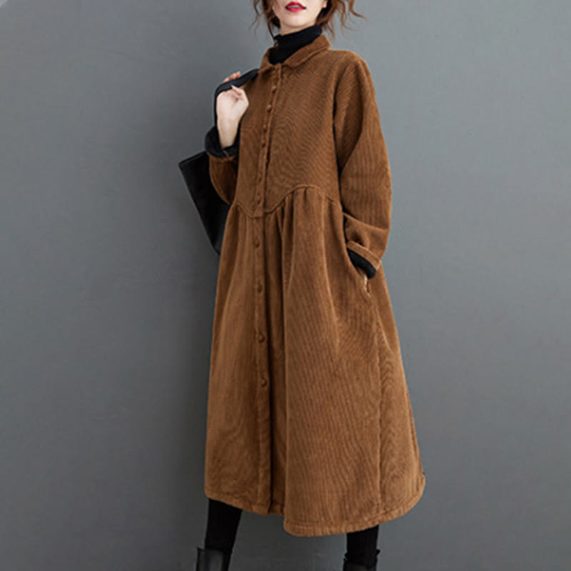 Buddha Stones Plain Buttons Long Sleeve Women's Cotton Corduroy Fleece-Lined Coat With Pockets