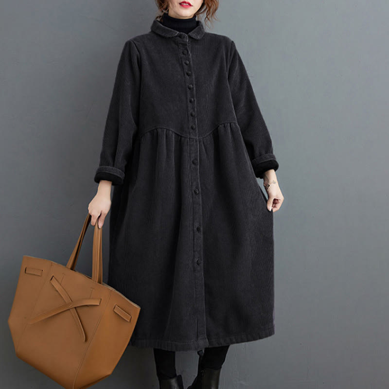 Buddha Stones Plain Buttons Long Sleeve Women's Cotton Corduroy Fleece-Lined Coat With Pockets