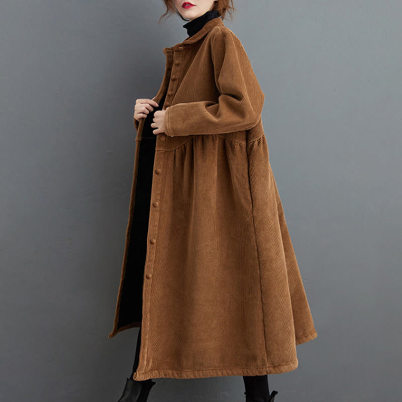 Buddha Stones Plain Buttons Long Sleeve Women's Cotton Corduroy Fleece-Lined Coat With Pockets