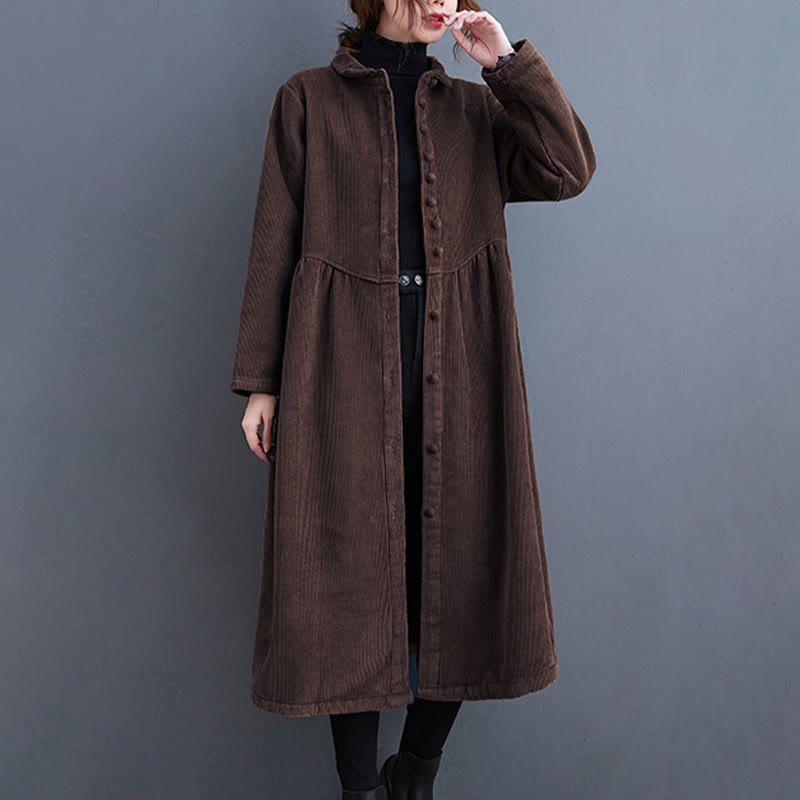 Buddha Stones Plain Buttons Long Sleeve Women's Cotton Corduroy Fleece-Lined Coat With Pockets