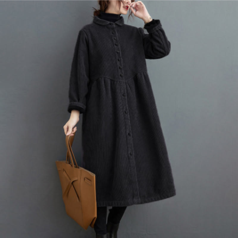 Buddha Stones Plain Buttons Long Sleeve Women's Cotton Corduroy Fleece-Lined Coat With Pockets
