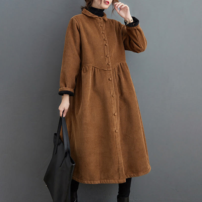 Buddha Stones Plain Buttons Long Sleeve Women's Cotton Corduroy Fleece-Lined Coat With Pockets