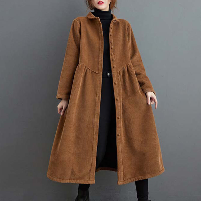 Buddha Stones Plain Buttons Long Sleeve Women's Cotton Corduroy Fleece-Lined Coat With Pockets