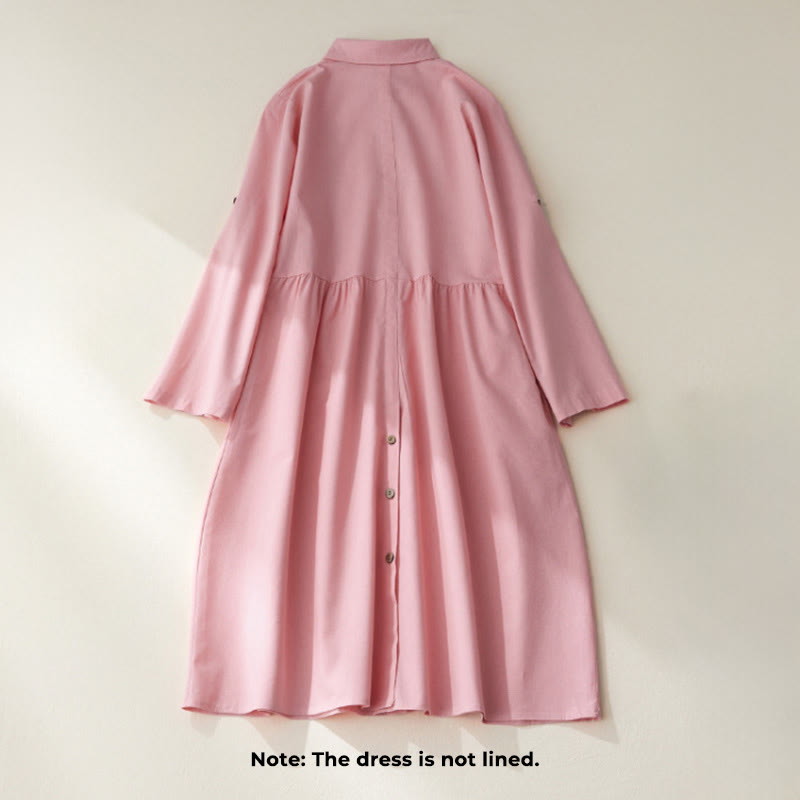 Buddha Stones Causal Commute Plain Buttons Design Long Sleeve Cotton Midi Dress With Pockets