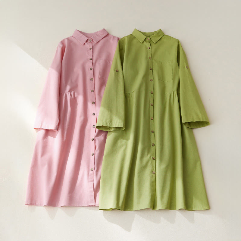 Buddha Stones Causal Commute Plain Buttons Design Long Sleeve Cotton Midi Dress With Pockets