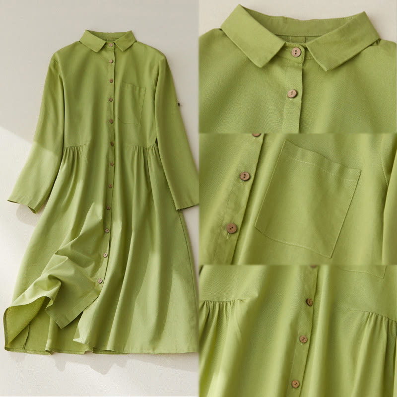 Buddha Stones Causal Commute Plain Buttons Design Long Sleeve Cotton Midi Dress With Pockets