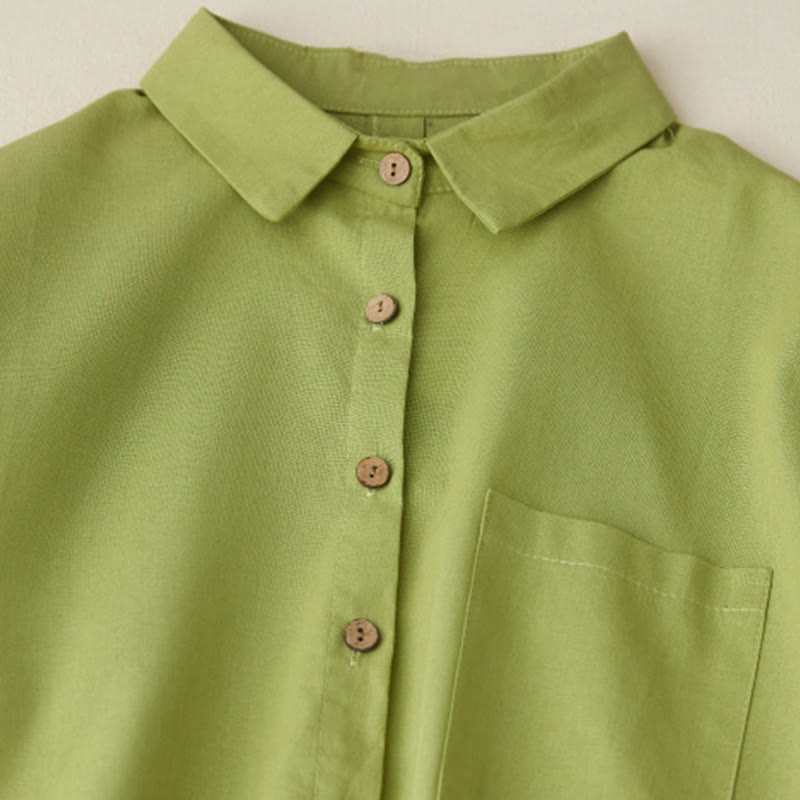 Buddha Stones Causal Commute Plain Buttons Design Long Sleeve Cotton Midi Dress With Pockets