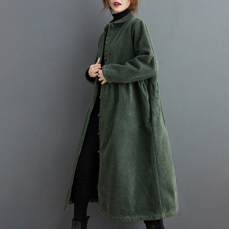 Buddha Stones Plain Buttons Long Sleeve Women's Cotton Corduroy Fleece-Lined Coat With Pockets