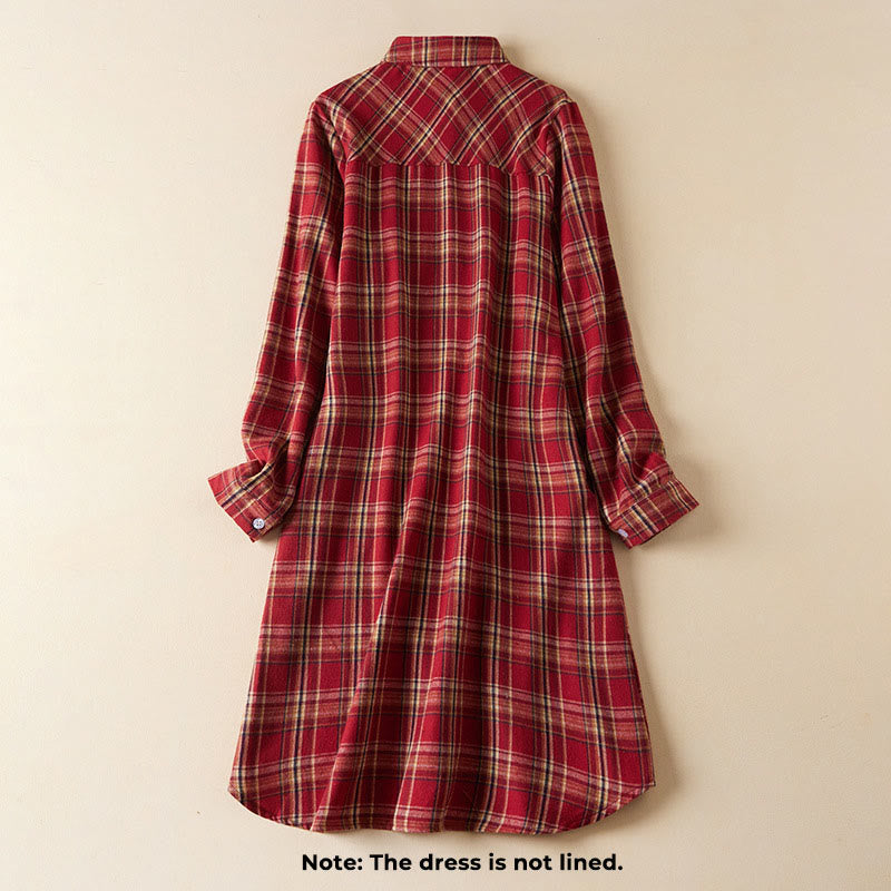 Buddha Stones Spring Color Contrast Plaid Pattern Lapel Long Sleeve Cotton Midi Dress With Pockets