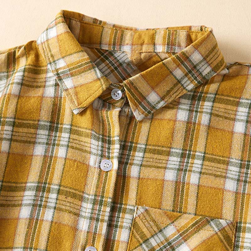 Buddha Stones Spring Color Contrast Plaid Pattern Lapel Long Sleeve Cotton Midi Dress With Pockets