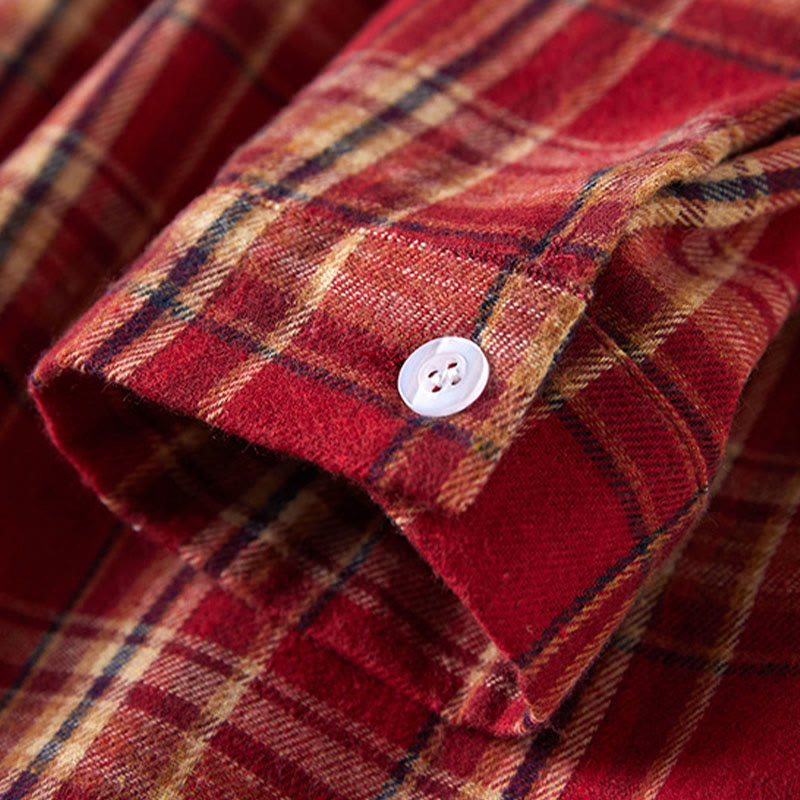 Buddha Stones Spring Color Contrast Plaid Pattern Lapel Long Sleeve Cotton Midi Dress With Pockets