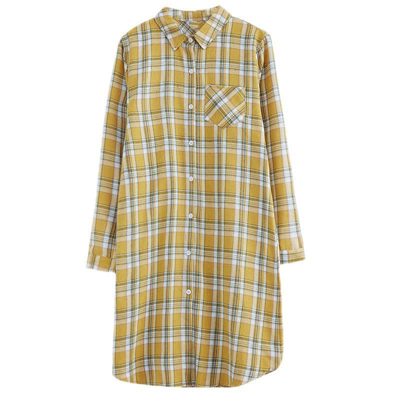 Buddha Stones Spring Color Contrast Plaid Pattern Lapel Long Sleeve Cotton Midi Dress With Pockets