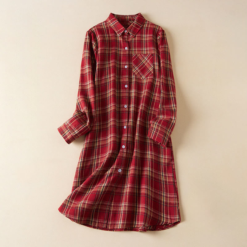 Buddha Stones Spring Color Contrast Plaid Pattern Lapel Long Sleeve Cotton Midi Dress With Pockets
