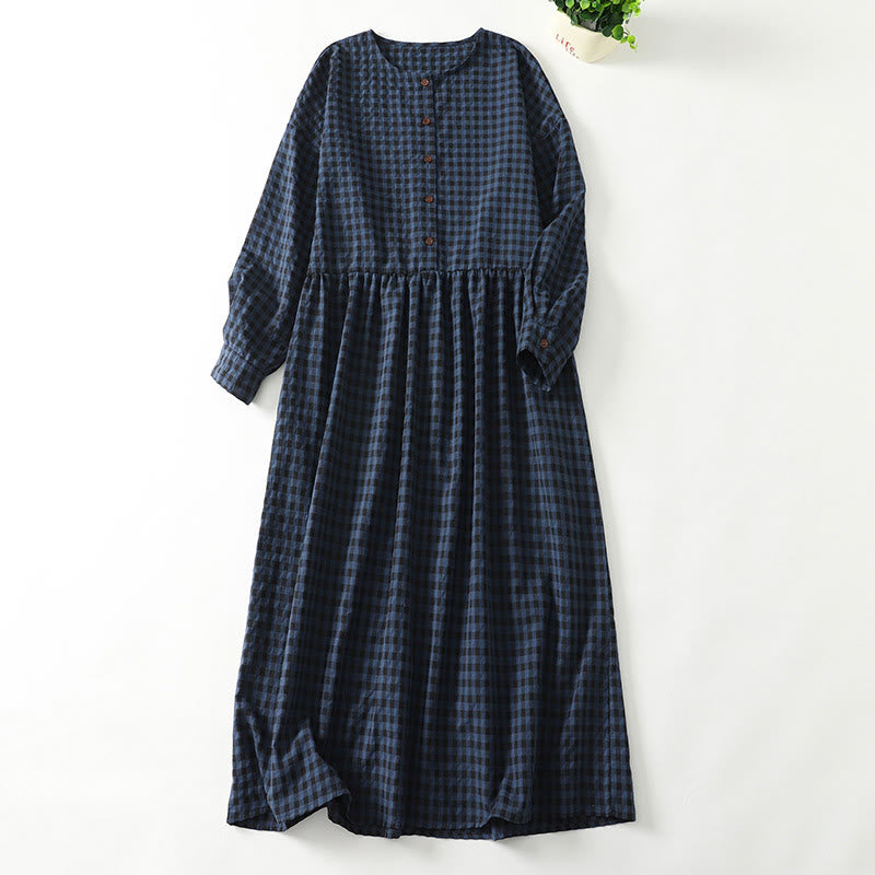 Buddha Stones Retro Contrasting Color Plaid Puff Long Sleeve Cotton Linen Midi Dress With Pockets