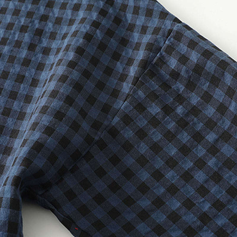 Buddha Stones Retro Contrasting Color Plaid Puff Long Sleeve Cotton Linen Midi Dress With Pockets