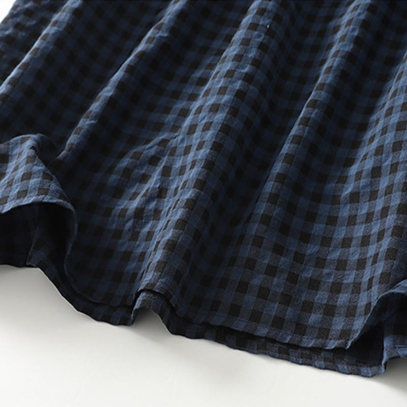 Buddha Stones Retro Contrasting Color Plaid Puff Long Sleeve Cotton Linen Midi Dress With Pockets