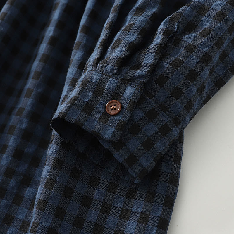 Buddha Stones Retro Contrasting Color Plaid Puff Long Sleeve Cotton Linen Midi Dress With Pockets