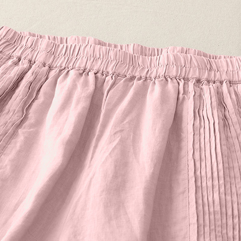 Buddha Stones Casual Plain Tucker Pleats Elastic Women's Polyester Wide Leg Pants With Pockets