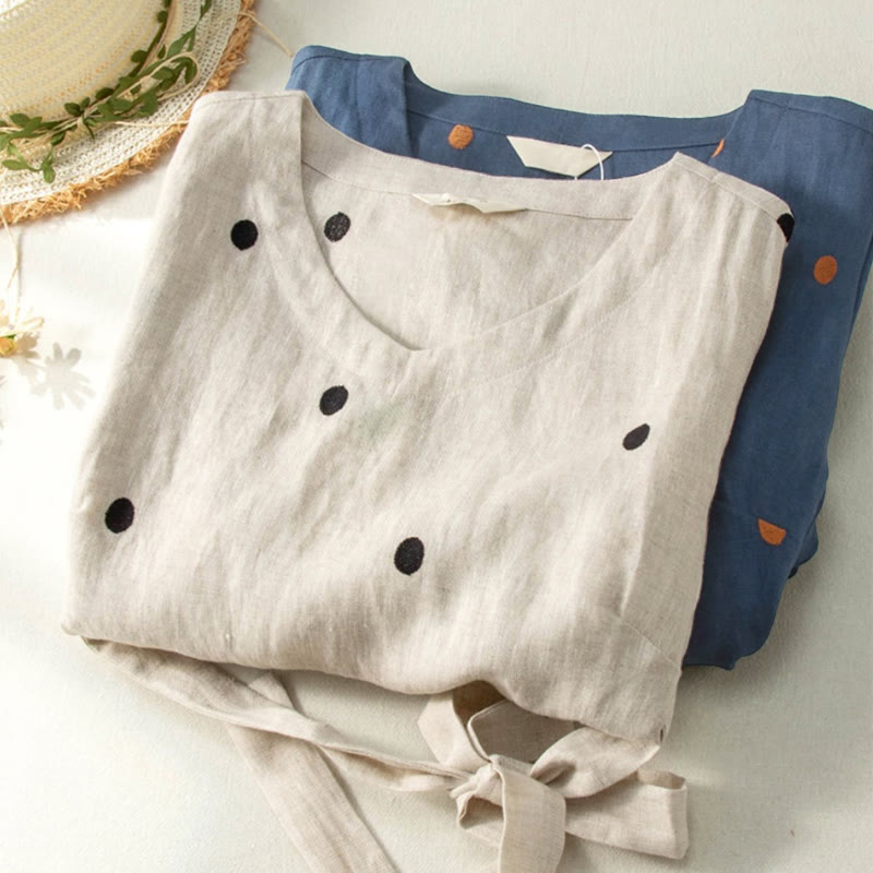 Buddha Stones Casual Dot Pattern Short Sleeve Lace-up Cotton Linen Women's Midi Dress With Pockets