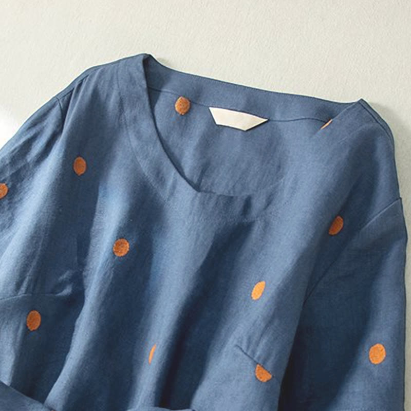 Buddha Stones Casual Dot Pattern Short Sleeve Lace-up Cotton Linen Women's Midi Dress With Pockets
