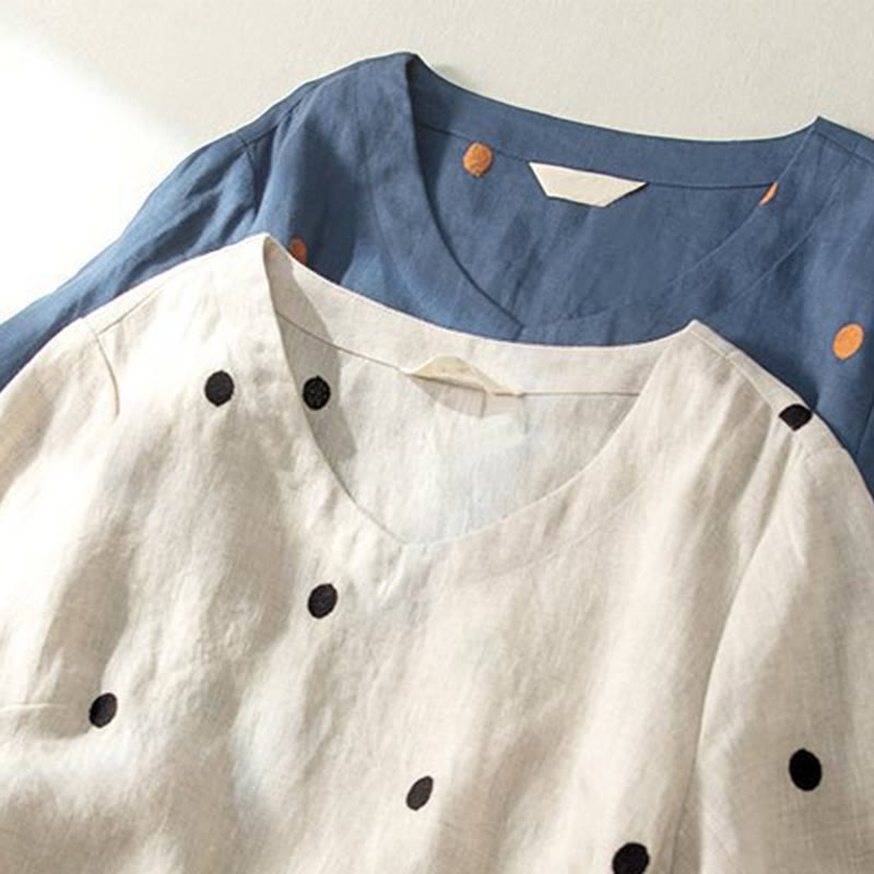 Buddha Stones Casual Dot Pattern Short Sleeve Lace-up Cotton Linen Women's Midi Dress With Pockets