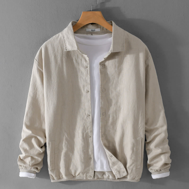 Buddha Stones Ribbed Long Sleeve Design Men's Cotton Linen Jacket Shirt With Pockets