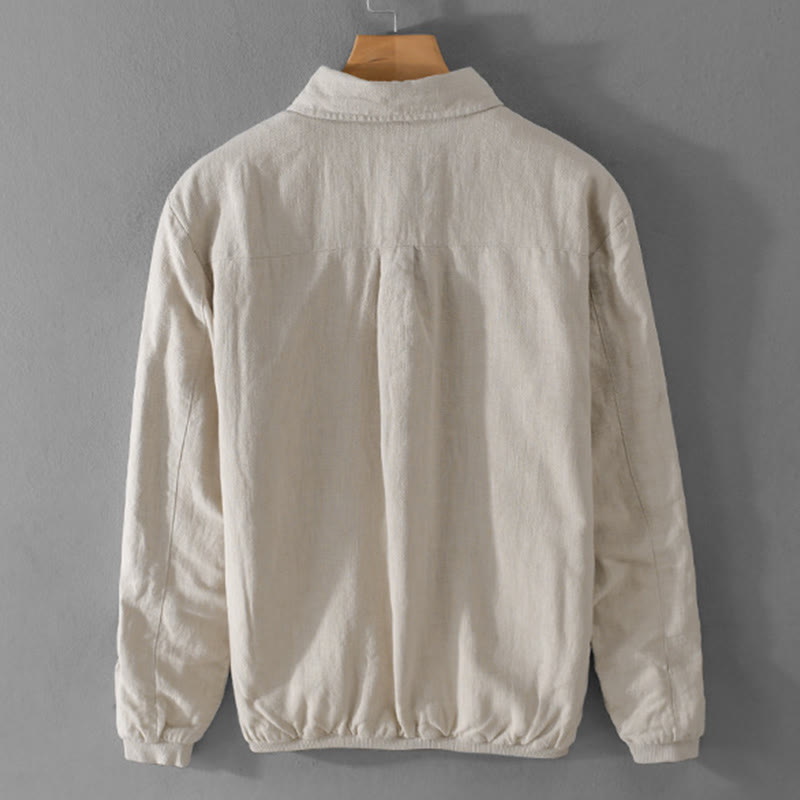 Buddha Stones Ribbed Long Sleeve Design Men's Cotton Linen Jacket Shirt With Pockets