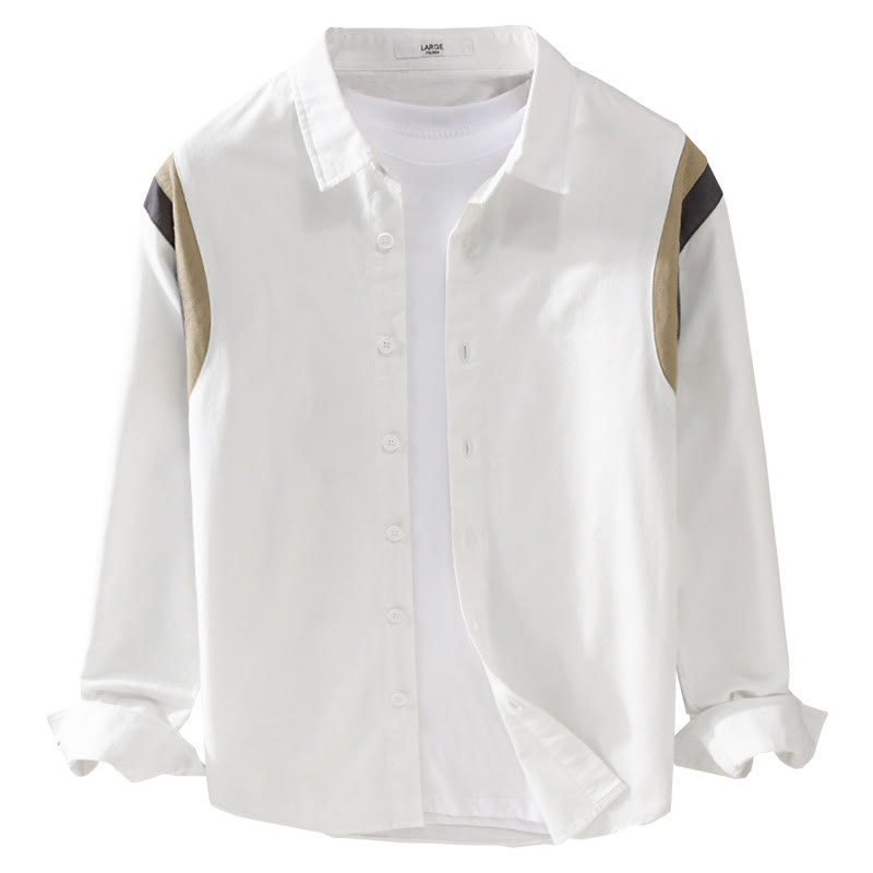 Buddha Stones Spring Color Contrast Patchwork Design Long Sleeve Men Cotton Shirt Clothing