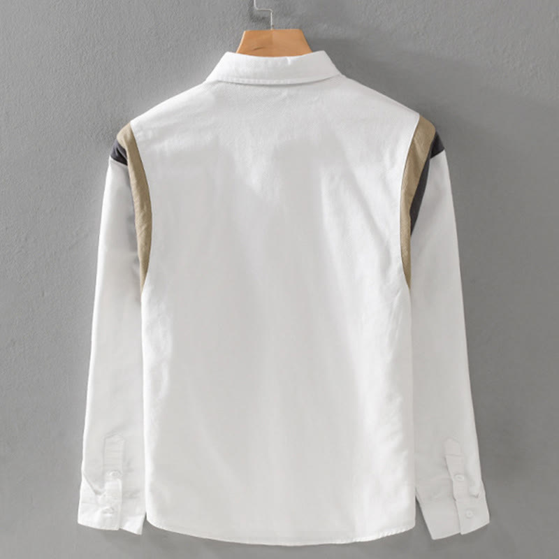 Buddha Stones Spring Color Contrast Patchwork Design Long Sleeve Men Cotton Shirt Clothing