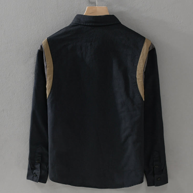 Buddha Stones Spring Color Contrast Patchwork Design Long Sleeve Men Cotton Shirt Clothing